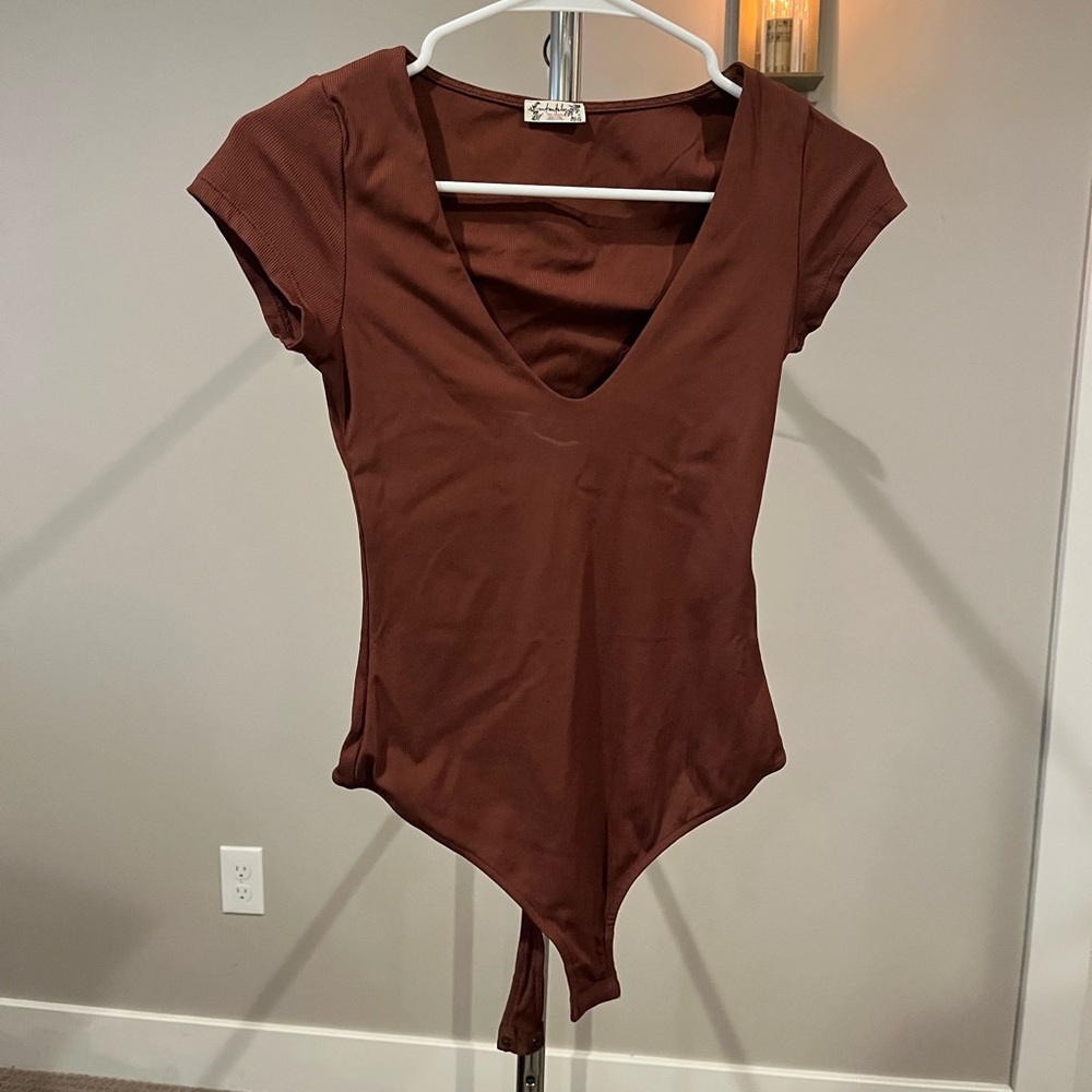 Free People Deep Brown V-Neck Bodysuit